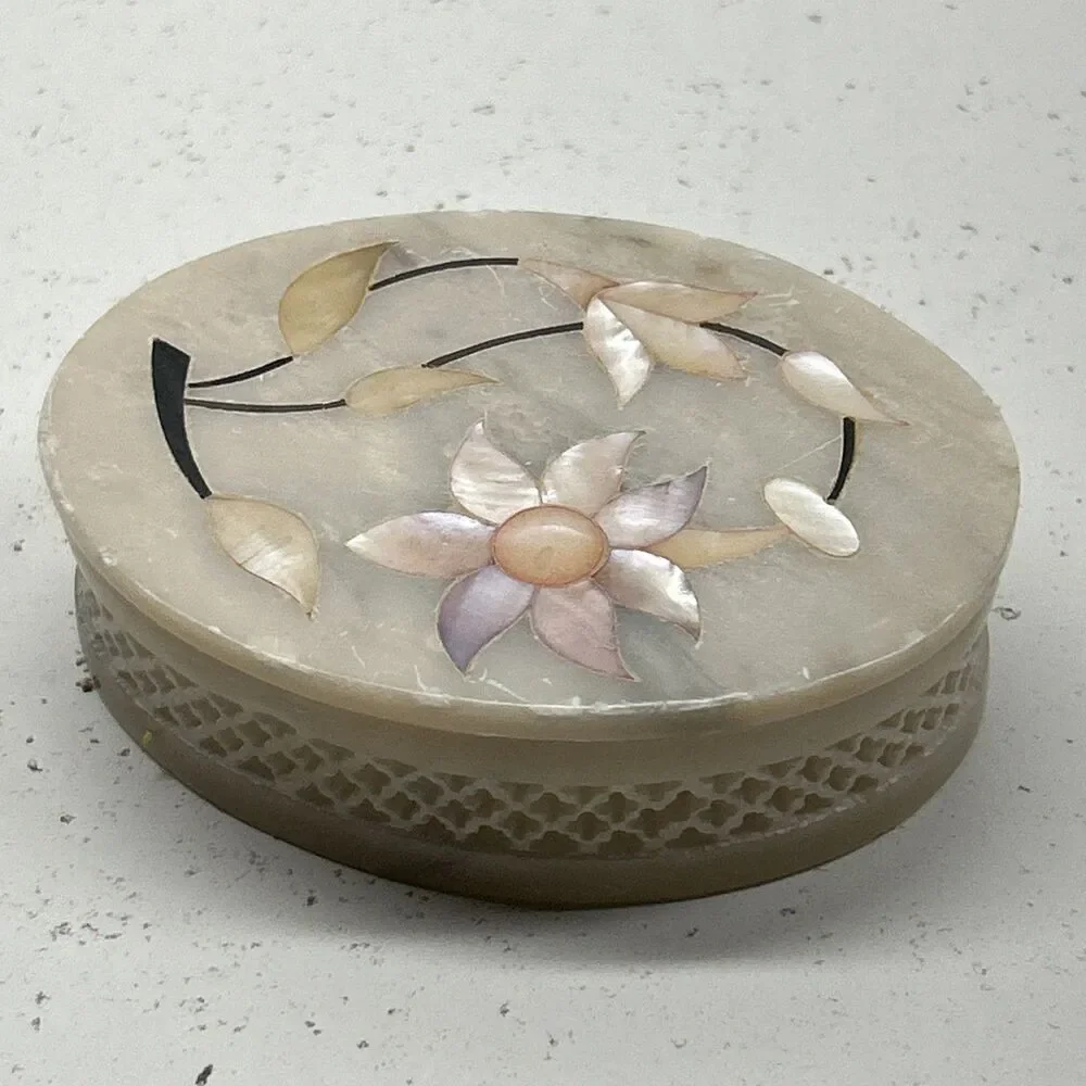 VTG‎ Mother of Pearl Stone Marble Trinket Jewelry Box India 3” X 4”